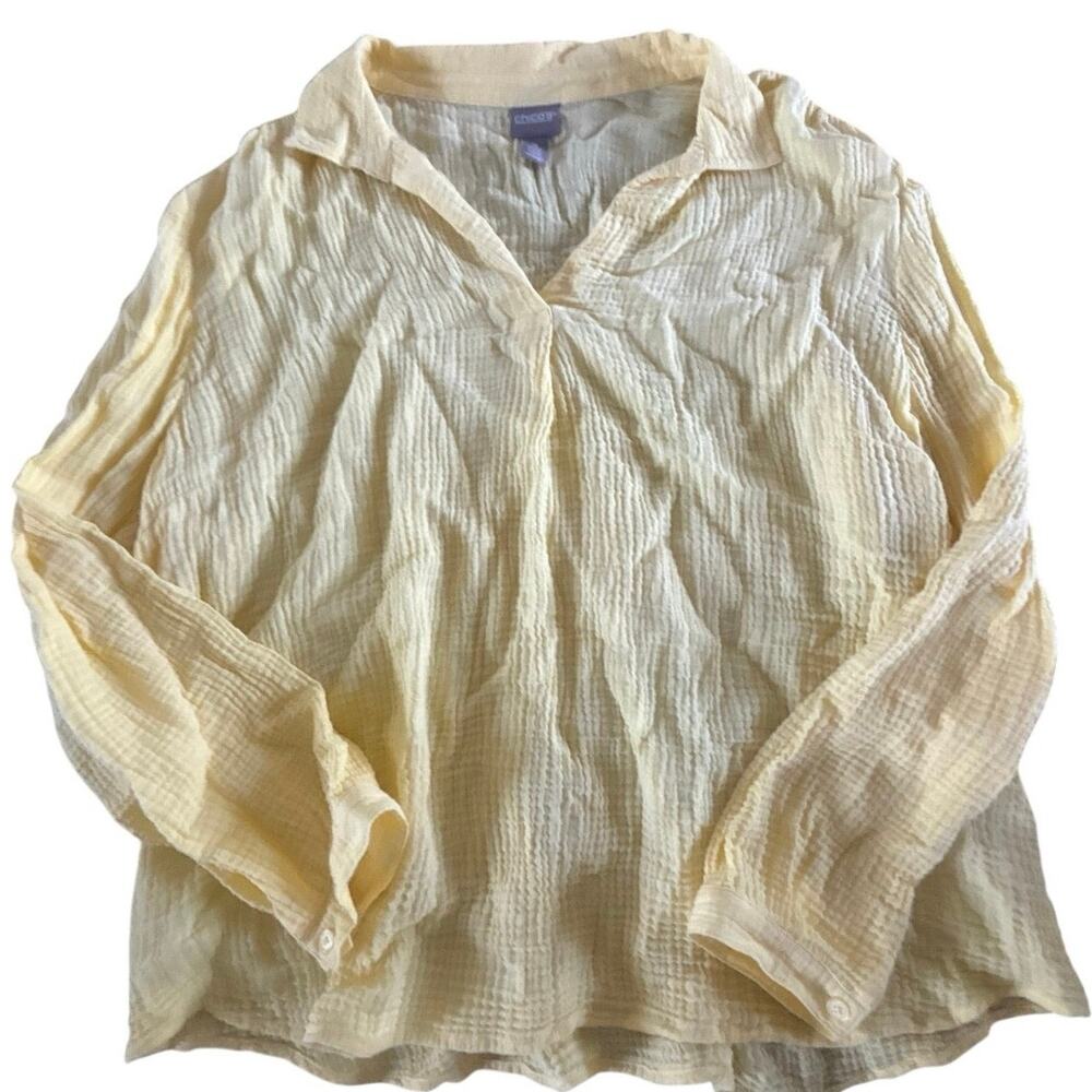 Chico’s Size 3 XL Yellow Crinkle Gauze Popover Shirt Blouse Long Sleeve Pocket